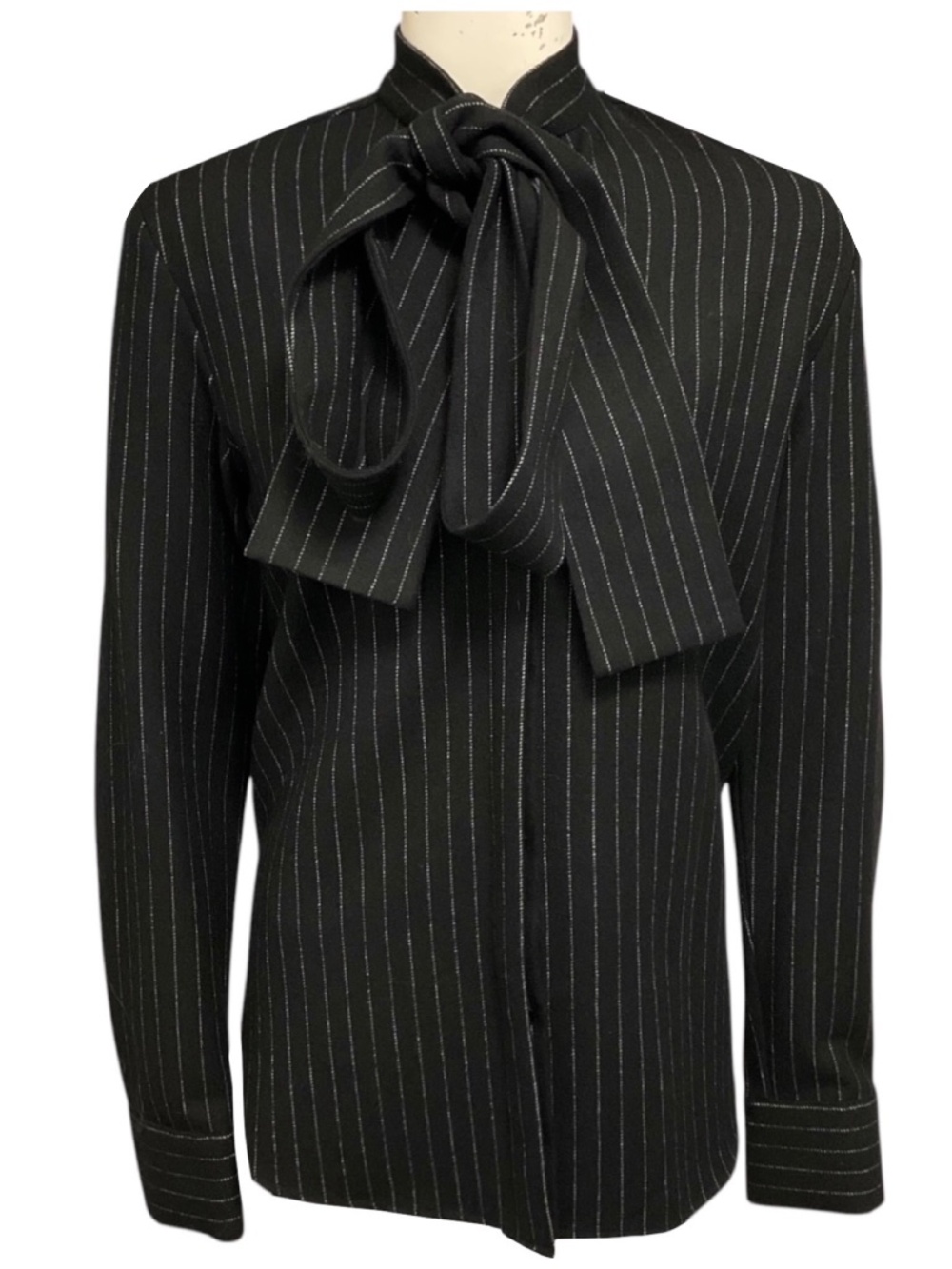 ALEX PERRY BLACK WOOL PINSTRIPE TIE SHIRT